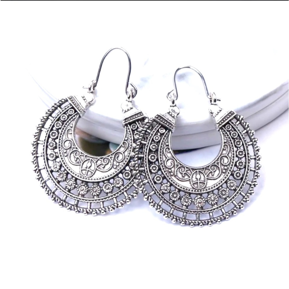 New Wildflower Wander Mandala Antique Sterling Silver Hollow Out Hoop Earrings - Picture 2 of 16